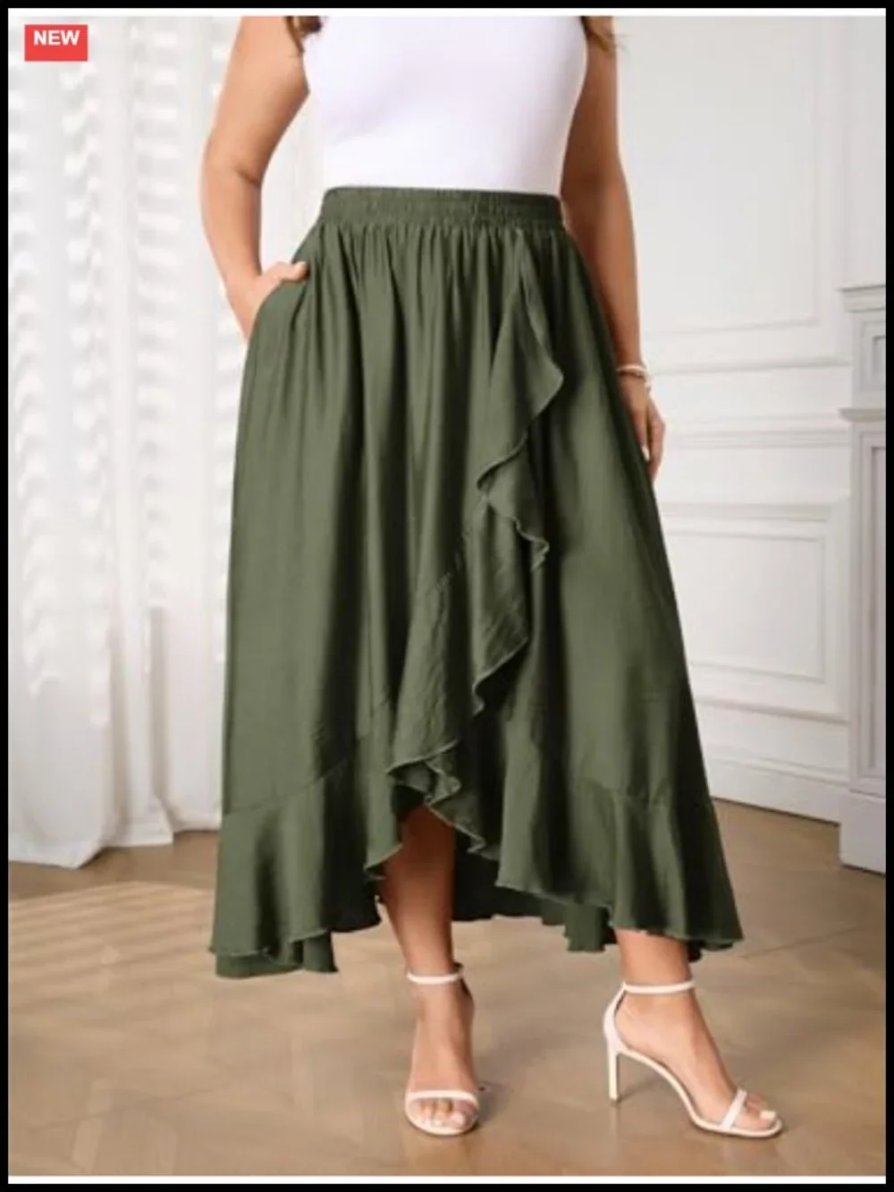 Plus Size High Waisted Ruffle High Low Flowy Boho Maxi Skirt with Pockets